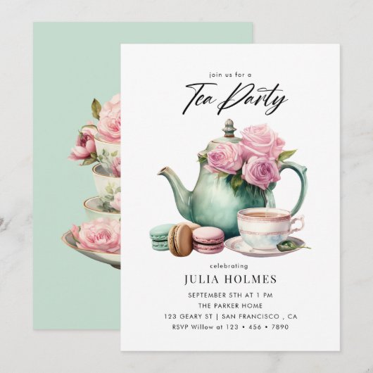 Invitation Thé dansant à la tasse de thé florale à l'aquarell (Devant / Derrière)