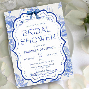 Invitation Thé dansant floral vintage en chinoiserie bleu bla