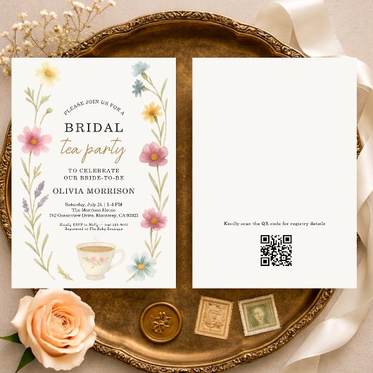 Invitation Thé de Fleur Sauvage Code QR Floral Enterrement de