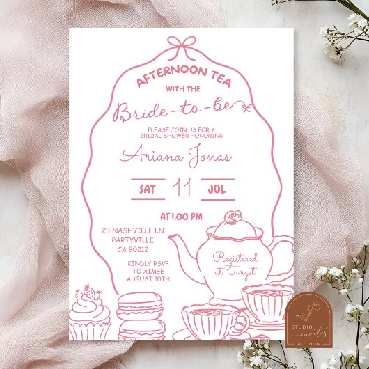 Invitation Thé de l'après-midi enrubanné rose doodle main sho