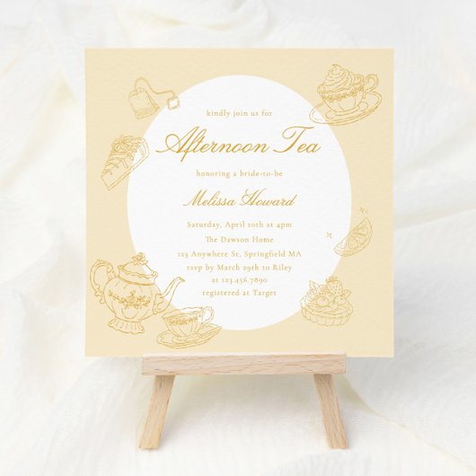 Invitation Thé de l'après-midi Mariage thème jaune dessiné à