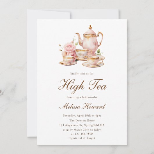 Invitation Thé de l'après-midi Or Pastel Mariage (Devant)
