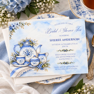 Invitation Thé de mariage en aquarelle bleue et blanche