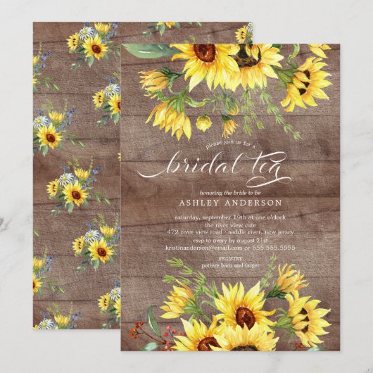 Invitation Thé de mariée de tournesol jaune rustique joyeux (Devant / Derrière)