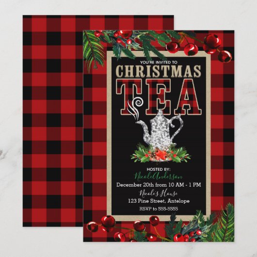 Invitation Thé de Noël Rustique Rouge et Noir à carreaux de B (Devant / Derrière)