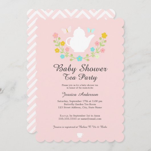 Invitation Thé doux Pot Baby shower rose (Devant / Derrière)