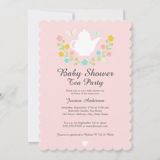 Invitation Thé doux Pot Baby shower rose (Devant)