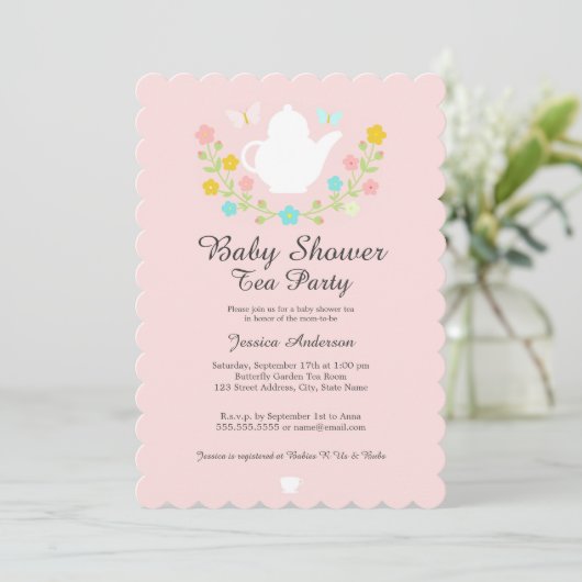 Invitation Thé doux Pot Baby shower rose (Debout devant)