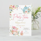 Invitation Thé Fête Anniversaire Fille Rose et or Floral Par  (Debout devant)