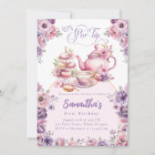 Invitation Thé Fête Anniversaire Fille Rose Violet Floral Par (Devant)