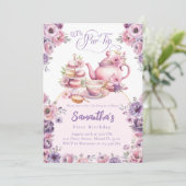 Invitation Thé Fête Anniversaire Fille Rose Violet Floral Par (Debout devant)