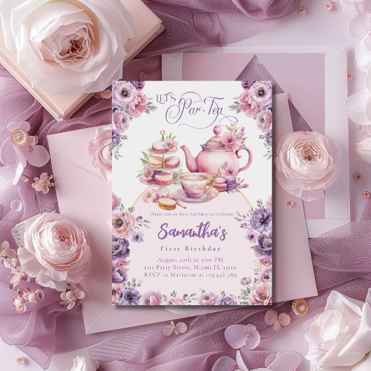 Invitation Thé Fête Anniversaire Fille Rose Violet Floral Par