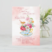 Invitation Thé fête nuptiale tasse de thé avec fleurs rose (Debout devant)