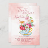 Invitation Thé fête nuptiale tasse de thé avec fleurs rose (Devant / Derrière)