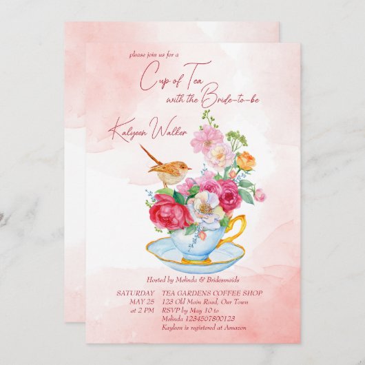 Invitation Thé fête nuptiale tasse de thé avec fleurs rose (Devant / Derrière)
