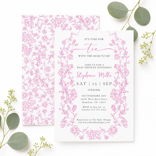 Invitation Thé Floral Rose avec la Fête de Bébé de la Future