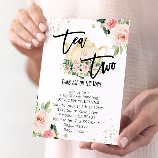 Invitation Thé Floral Rose Twins Pour Deux Baby showers