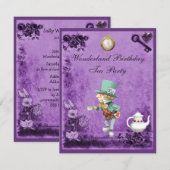 Invitation Thé fou pourpre d'anniversaire du pays des (Devant / Derrière)