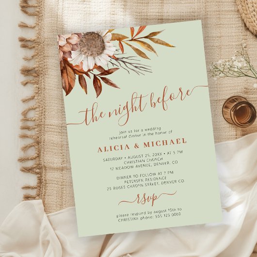Invitation The night before rustic boho rehearsal dinner