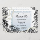 Invitation Thé nuptial bleu perles vintages (Devant / Derrière)
