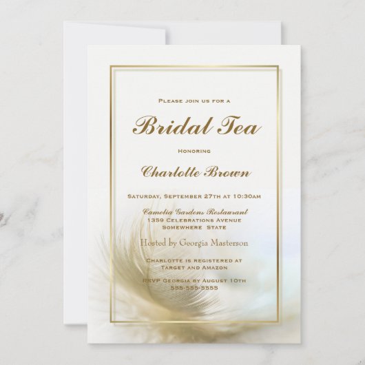 Invitation Thé nuptial Elegant Or Feather (Devant)