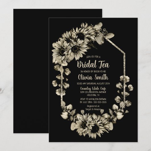 Invitation Thé nuptial floral de tournesol noir (Devant / Derrière)