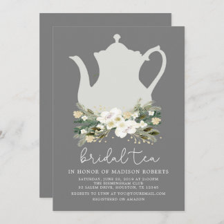 Invitation Thé nuptial gris aquarelle Fleurs