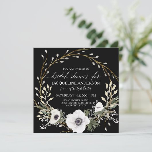 Invitation Thé nuptial noir blanc anémone Eucalyptus vert (Debout devant)