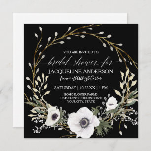 Invitation Thé nuptial noir blanc anémone Eucalyptus vert