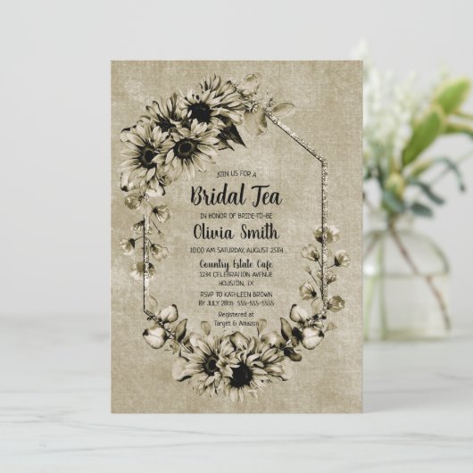 Invitation Thé nuptial rustique tournesol (Debout devant)