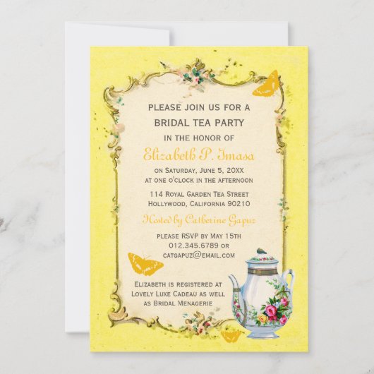 Invitation Thé nuptiale français vintage jaune (Devant)
