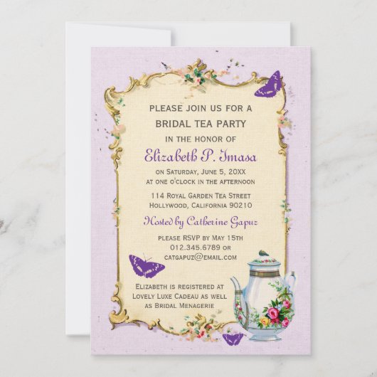 Invitation Thé nuptiale français vintage pourpre (Devant)