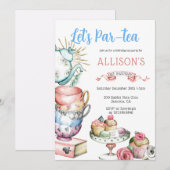 Invitation Thé Par Thé Anniversaire Fille Rose Bleu Or (Devant / Derrière)