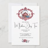 Invitation Thé Pot Bouilloire Tasse Oiseaux Rouge Fête des Mè (Devant)