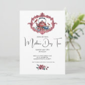 Invitation Thé Pot Bouilloire Tasse Oiseaux Rouge Fête des Mè (Debout devant)