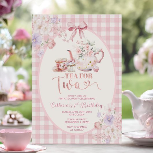 Invitation Thé pour deux ans Anniversaire Fleur Rose Théière