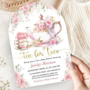 Invitation Thé pour deux Baby Shower Arche florale or rose