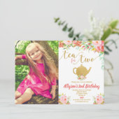 Invitation Thé pour deux or rose floral 2ème anniversaire pho (Debout devant)