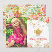 Invitation Thé pour deux or rose floral 2ème anniversaire pho (Devant / Derrière)