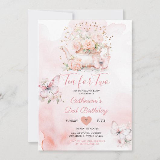 Invitation Thé pour deux Tea Party papillon rose Anniversaire (Devant)