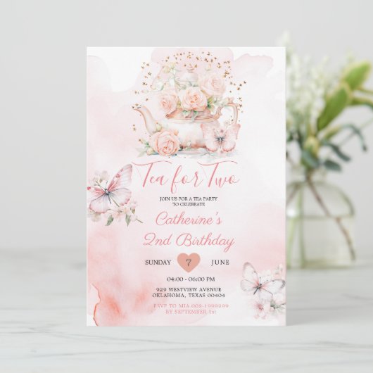 Invitation Thé pour deux Tea Party papillon rose Anniversaire (Debout devant)
