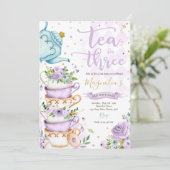 Invitation Thé Pour Trois Anniversaire Purple Floral Tea Part (Debout devant)
