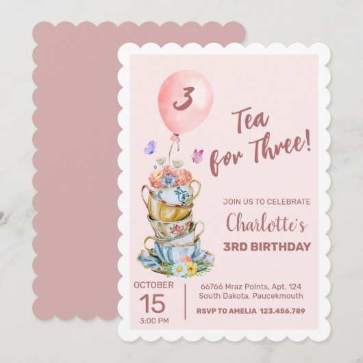 Invitation Thé Pour Trois Anniversaire Rose Floral Tea Party (Devant / Derrière)