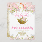 Invitation Thé pour trois invitations, rose Floral 3e anniver (Devant / Derrière)