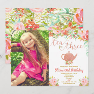 Invitation Thé pour trois roses or 3ème anniversaire photo fl