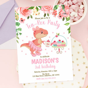 Invitation Thé-Rex Tutu Fête Dinosaure Fille Rose 3ème Annive