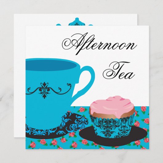 Invitation Thé Rose bleu après-midi (Devant / Derrière)