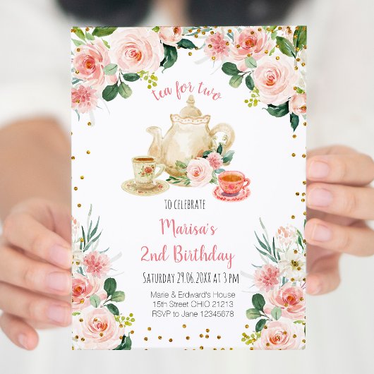 Invitation Thé rose floral pour deux fêtes d'anniversaire