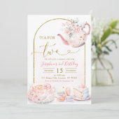 Invitation Thé rose floral pour deux filles fête d'anniversai (Debout devant)