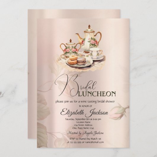 Invitation Thé Set Chic Rose Vintage déjeuner nuptial (Devant / Derrière)